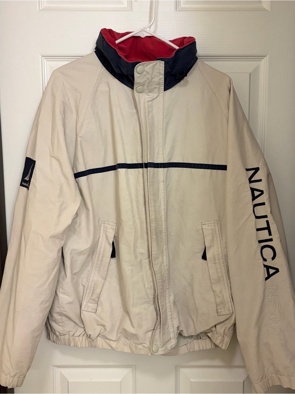 Nautica Cream Windbreaker with Navy Trim and Red Lined Collar